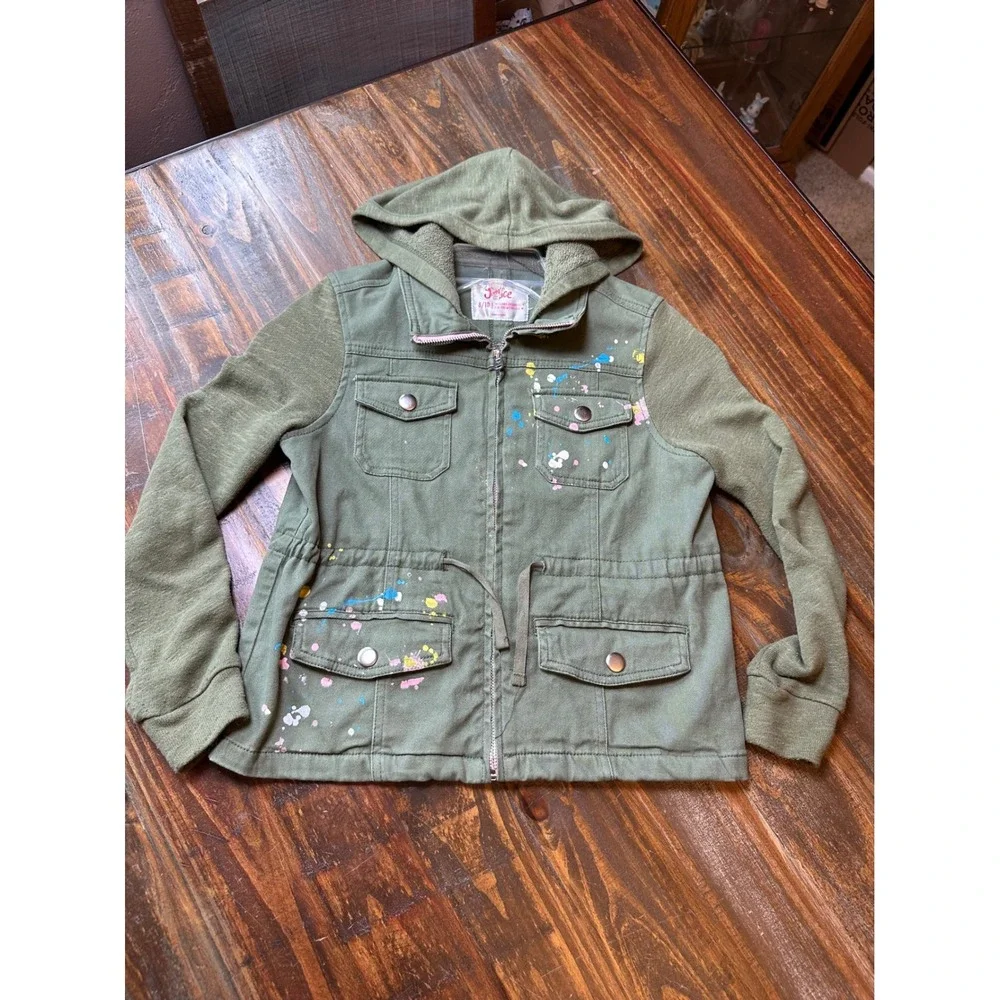 Justice Girls Olive Green Paint Splatter Utility Jacket Hooded Size 8/10‎ M